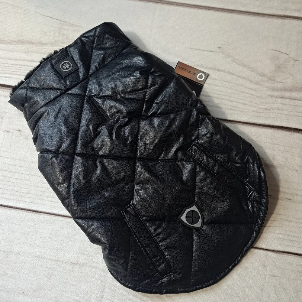 Silver Paw Quilted Faux Leather Dog Coat Jacket Size Small